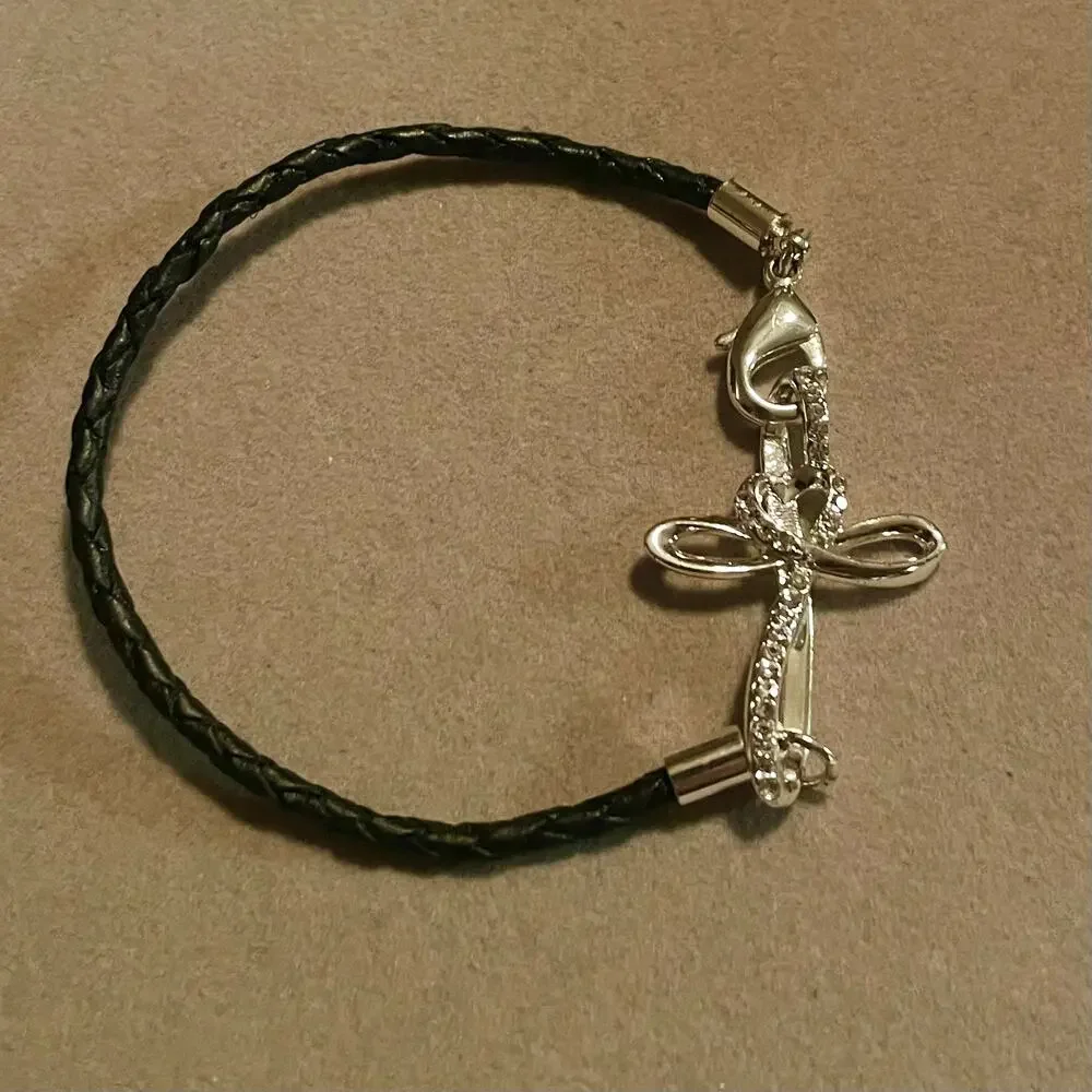 ‘Live by Faith’ Silver Tone Cross Black Leather Braided Cord Bracelet - Picture 1 of 4